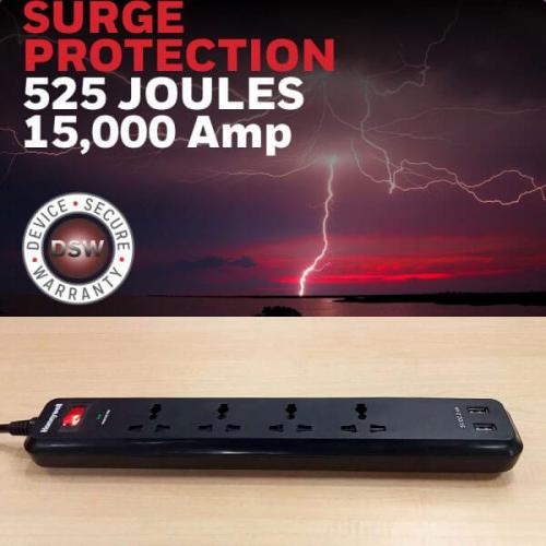 Honeywell 4 Socket 2 Meter Surge Protector (Black)