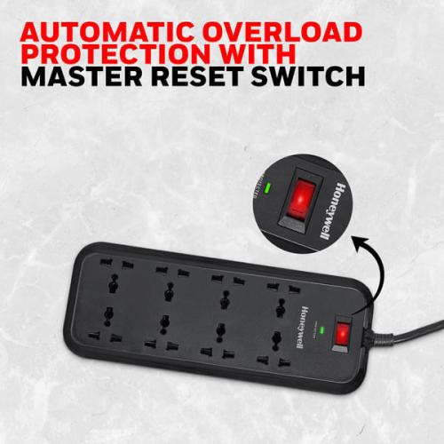 Honeywell 8 Socket 2 Meter Surge Protector (Black)