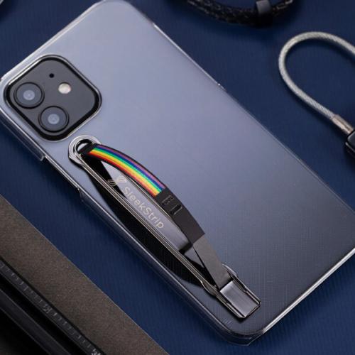 SleekStrip Phone Stand and Grip - Gunmetal Base with Rainbow Strip