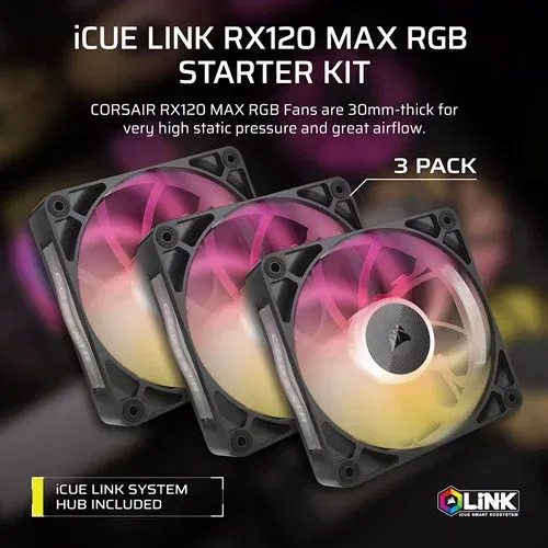 CORSAIR iCUE LINK RX120 MAX RGB 120mm Cabinet Fan – Black (Triple Pack)