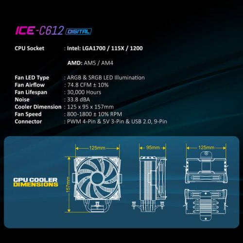 Ant Esports ICE-C612 Digital ARGB 120mm CPU Air Cooler